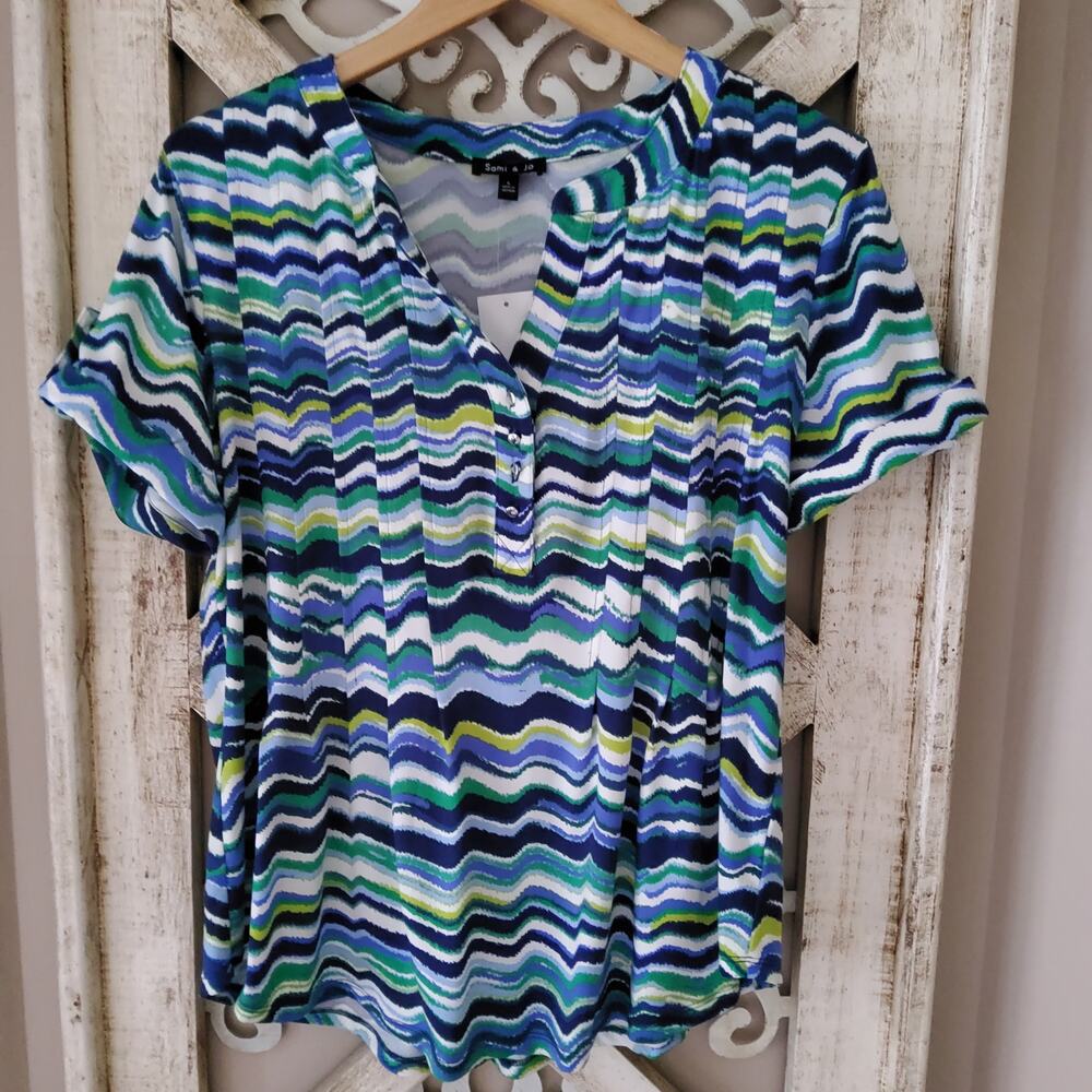 Sami & Jo Abstract Chevron Blouse Large Blue Green Pleated Flowy Top